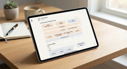 An architectural blueprint and modular component diagram on a tablet, illustrating a scalable cross-platform codebase.