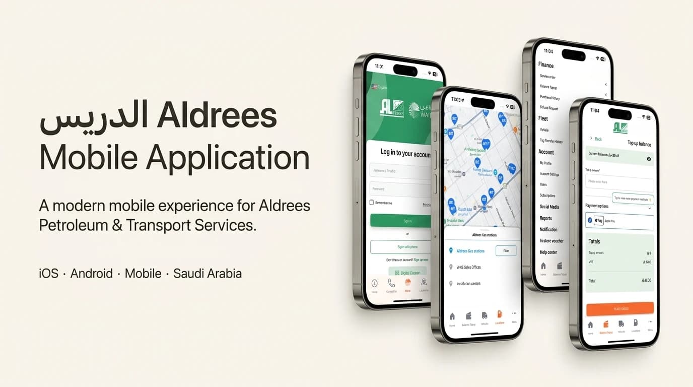 Four iPhone screens from the Aldrees app: sign-in, a map of Aldrees fuel stations, the fleet and finance menu, and a balance top-up screen offering Apple Pay.